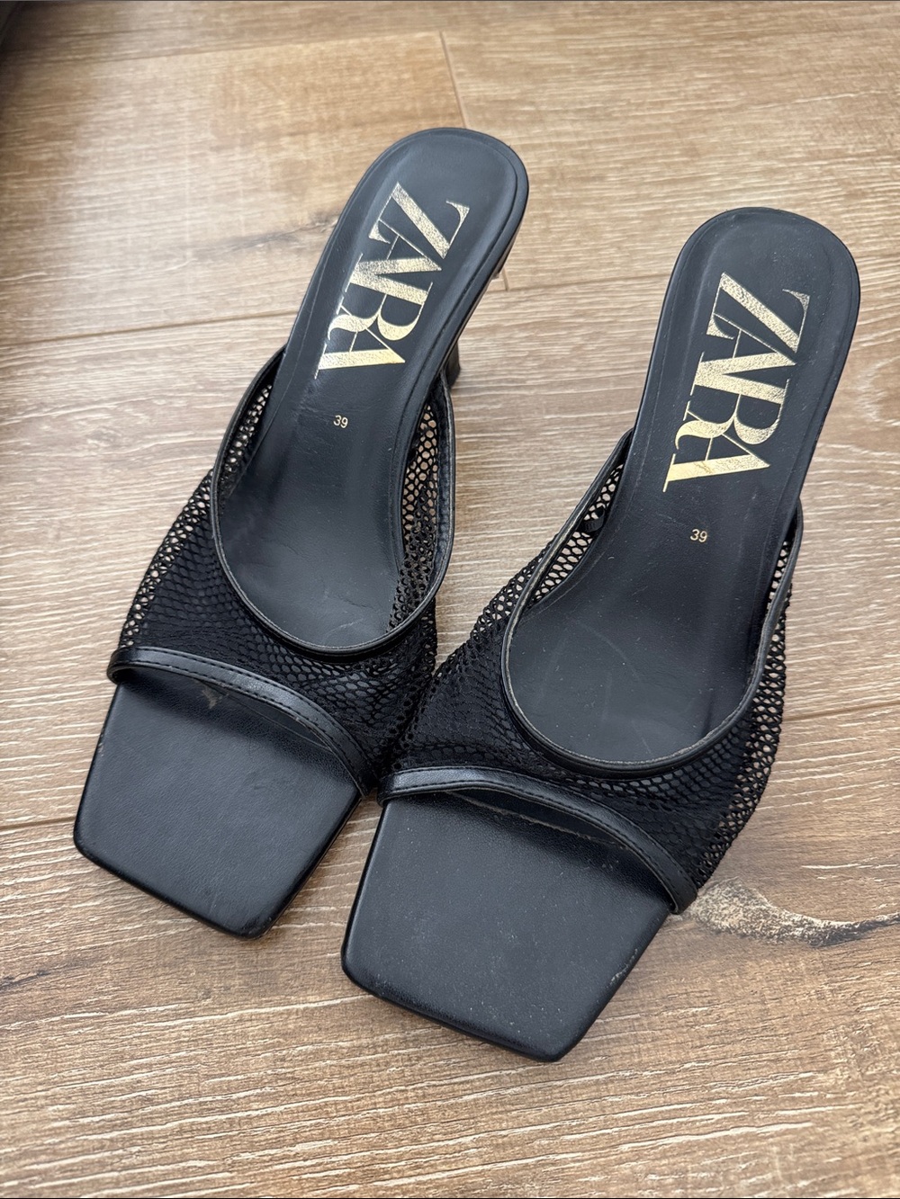 Zara Black Mesh Square-Toe Slide Mules